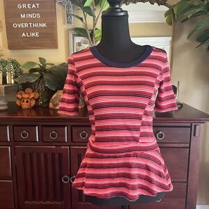 Anthropologie Bordeaux Striped Red and Pink Women's Peplum Top Sz XS